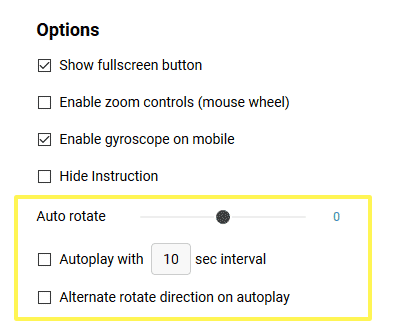 Autoplay and auto rotate settings in export editor on Kuula